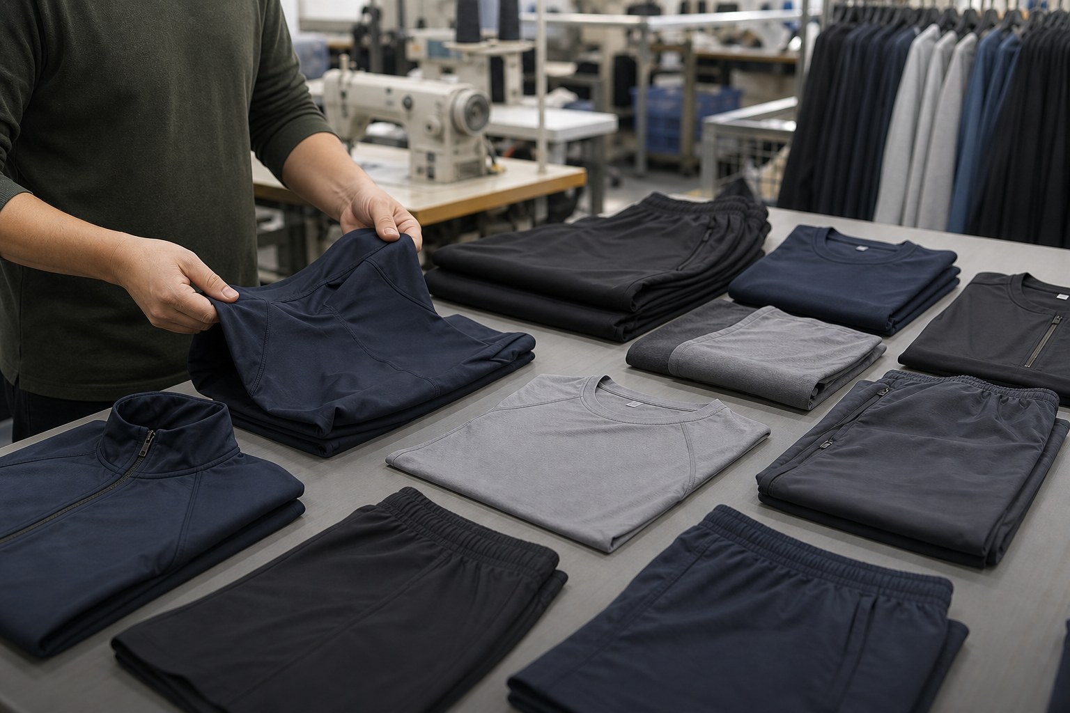 Finished activewear garments folded on a sportswear factory table