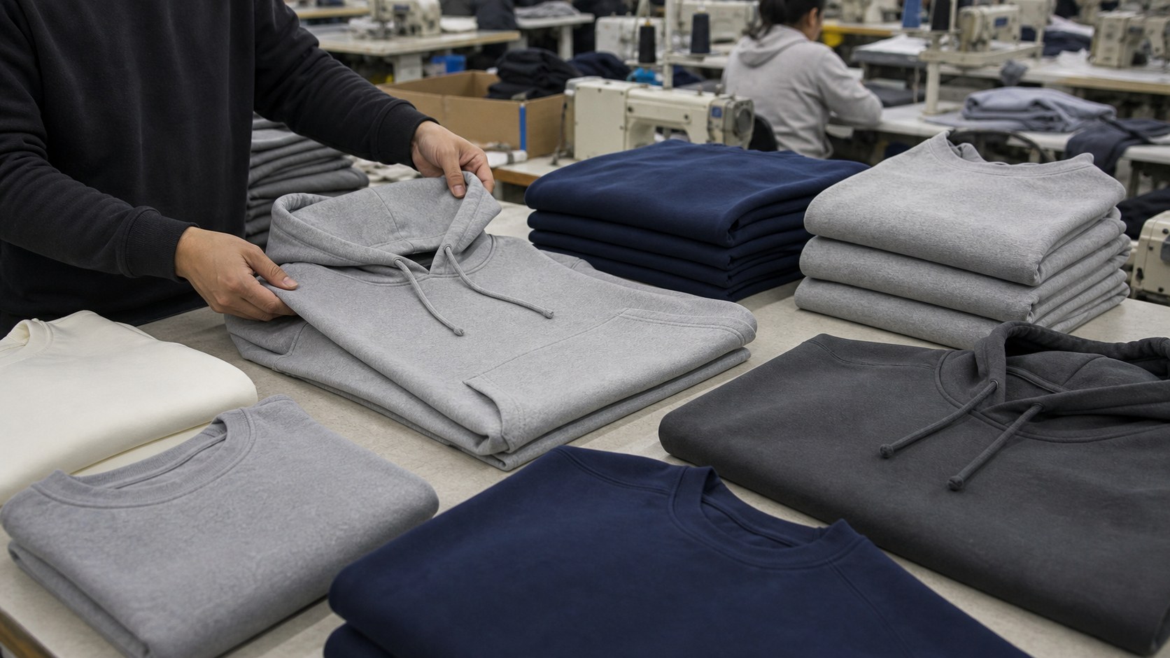 Finished blank hoodies and sweatshirts folded on an apparel factory table