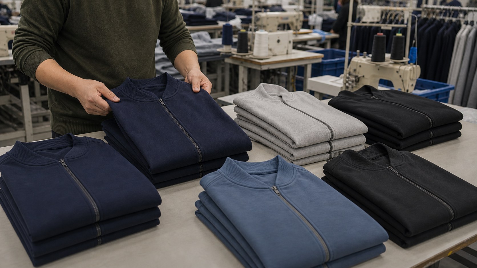 Finished blank knit jackets folded on an apparel factory table