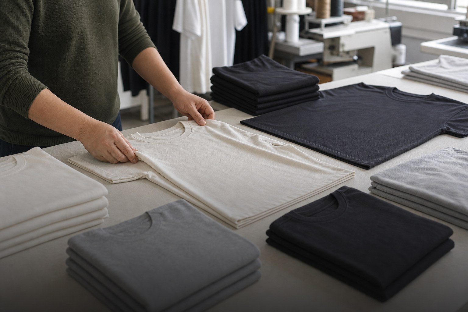 Finished blank T-shirts folded and inspected on an apparel factory table