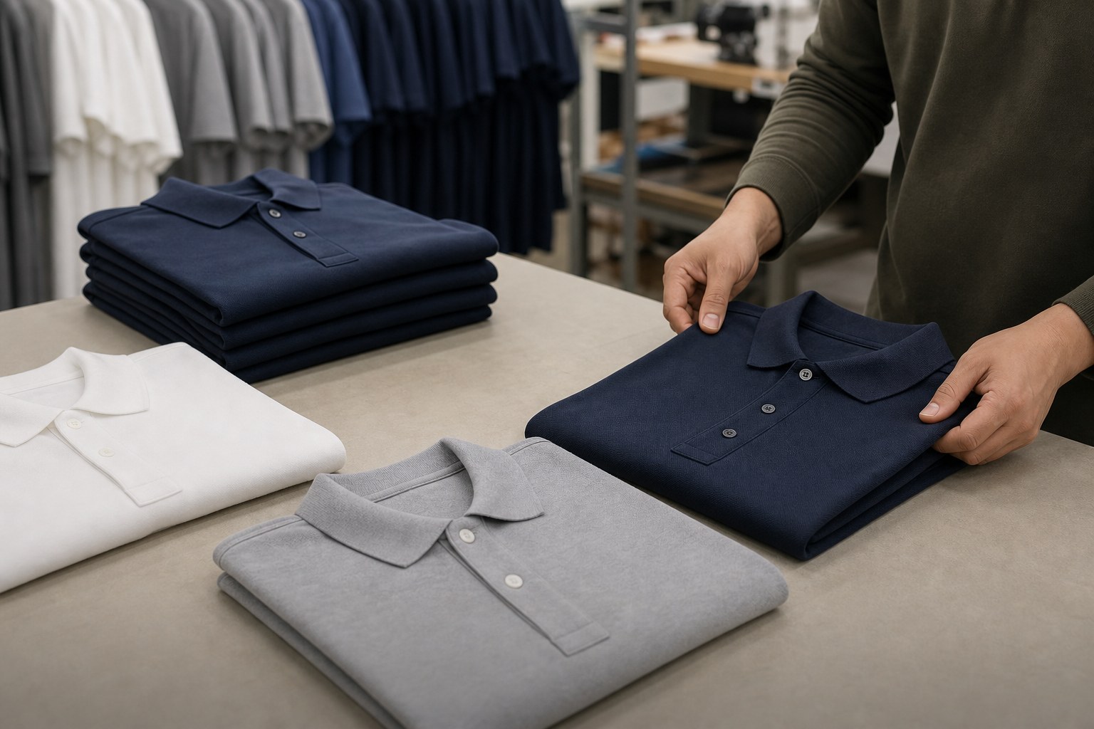Finished blank polo shirts folded on an apparel factory table
