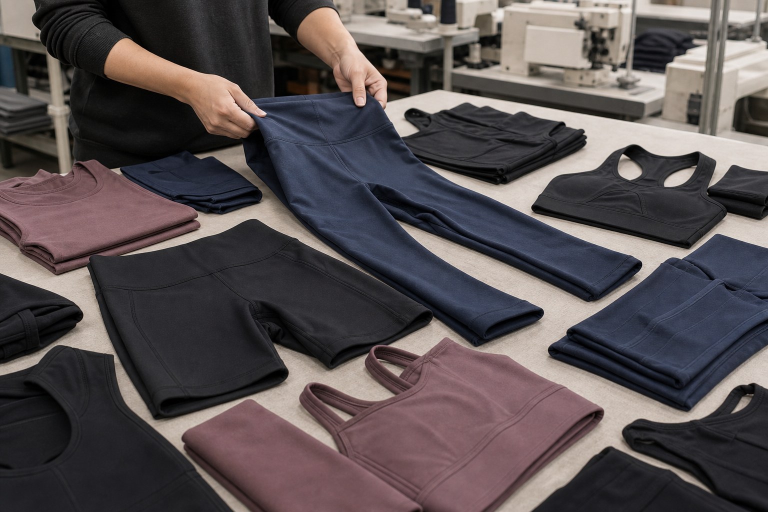 Opaque yoga leggings and sports bras folded on a sportswear factory table